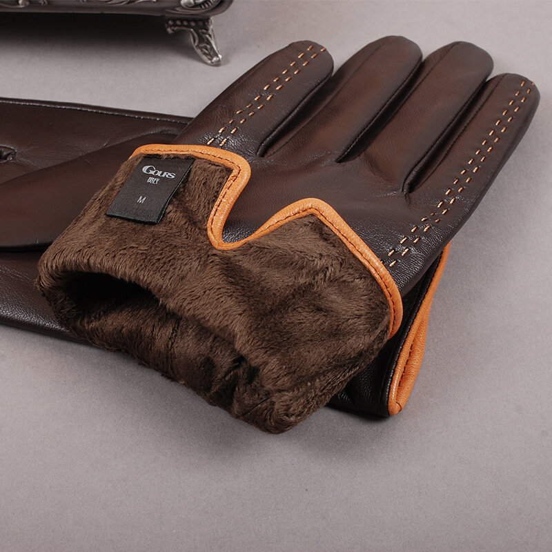 Gours-guantes de piel auténtica para hombre, manoplas cálidas a la moda para pantalla táctil, color negro, para invierno, GSM012