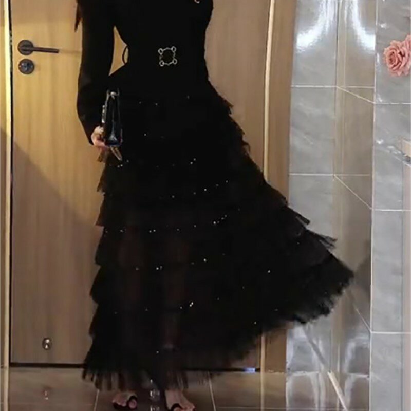 Schwarzer Pailletten Mesh Rock Damen neue hohe Taille abnehmen elastische Mode schwere Arbeit Kleid