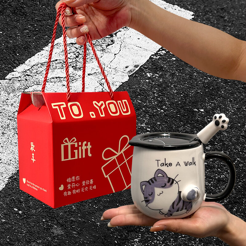 Cat Pattern Ceramic Mug Black Cute Pet Sweet Girl Heart Coffee Milk Cup for Birthday Present Drinking Drinkware gift