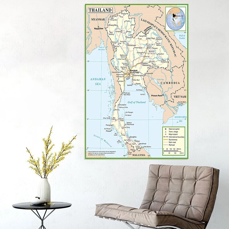 150*225cm, mapa de la administración de Tailandia, lienzo de pintura, póster decorativo de pared, impresión sin marco, decoración del hogar para sala de estar