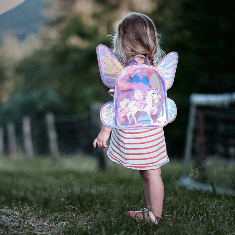 Plecak dla dziewcząt dla dzieci kreskówka plecak laserowy koń skrzydła motyla duża pojemność zapięcie na zamek Casual tornister