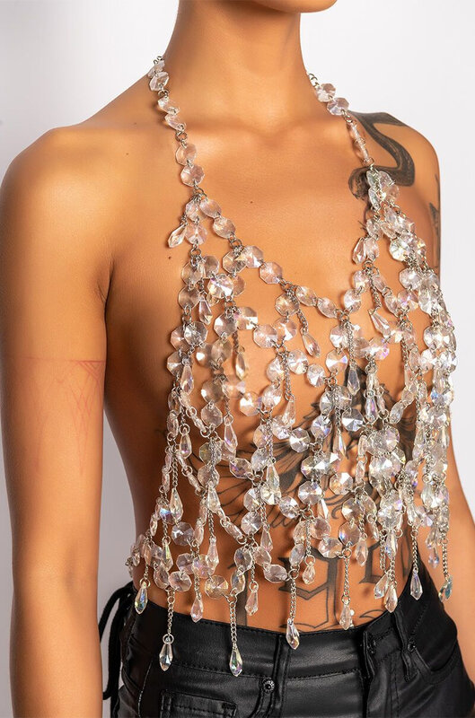 Trendy imitazione cristallo scavato bretella gilet pista abbigliamento donna accessori catena corpo