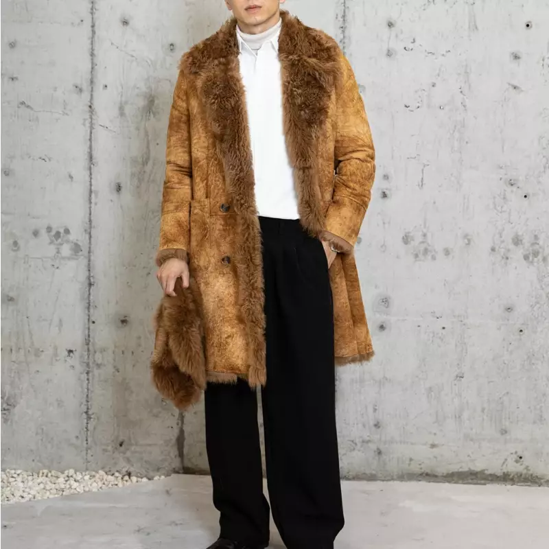Ayunsue-男性用の毛皮のコート,羊の毛皮のコート,長い革のジャケット,冬用,2022
