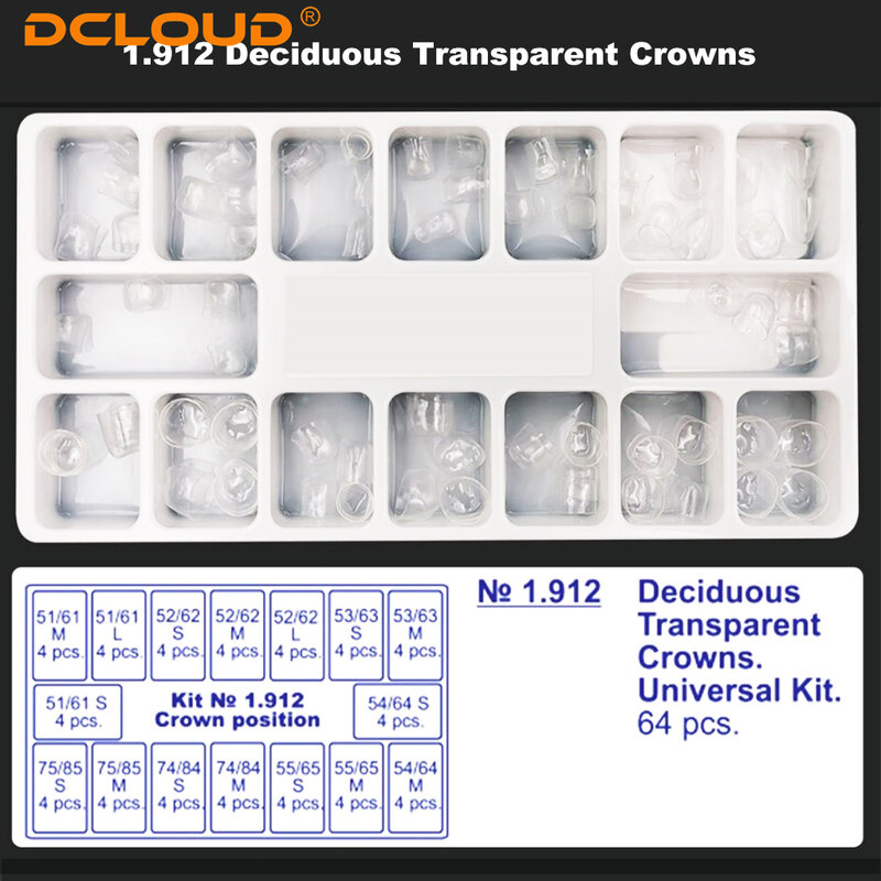 NEU 64 Stück/Kasten Dentales transparentes Harz Präkrone vorderes hinteres dorniges Milchzahn vorgeformte Backenzahnkrone Zahnersatz Zahnersatz Material 1.910