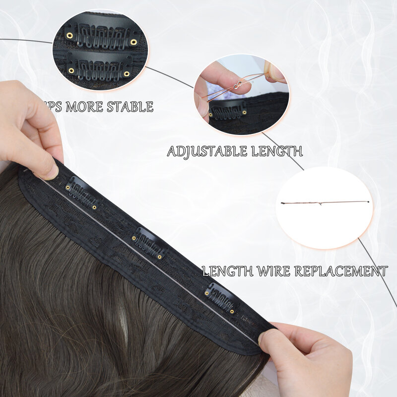 وصلات شعر سلكية شفافة للنساء ، حجم قابل للتعديل ، 3 مشابك آمنة ، قطع شعر ، بني داكن ، 20 بوصة ، غير مرئية