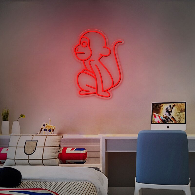 ป้ายไฟนีออน LED รูปลิงน้อยน่ารักตัวสัตว์ทำจากอะคริลิคปากการูปหัวใจ USB sakelar peredup สำหรับบ้านเด็กห้องนอนสวนสัตว์สัญลักษณ์ตกแต่งศิลปะบนผนัง