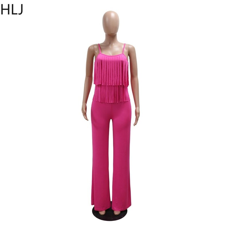 HLJ Rose Fashion Solid Color Tassels Straight Jumpsuits Women Thin Strap Sleeveless Backless Rompers Summer Matching Streetwear