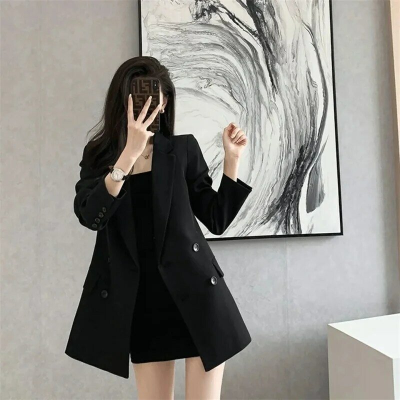 Jaket Blazer wanita, busana Korea longgar lengan panjang, mantel setelan wanita desain krem, pakaian luar terpisah, musim semi, 2024