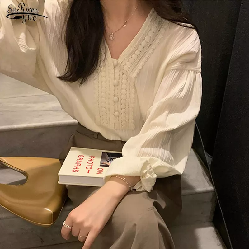 Autumn French 4XL Long Sleeve Shirt Elegant V-neck New Apricot Female Loose Hollow Out Top Elegant Lace Blouse Women 17829