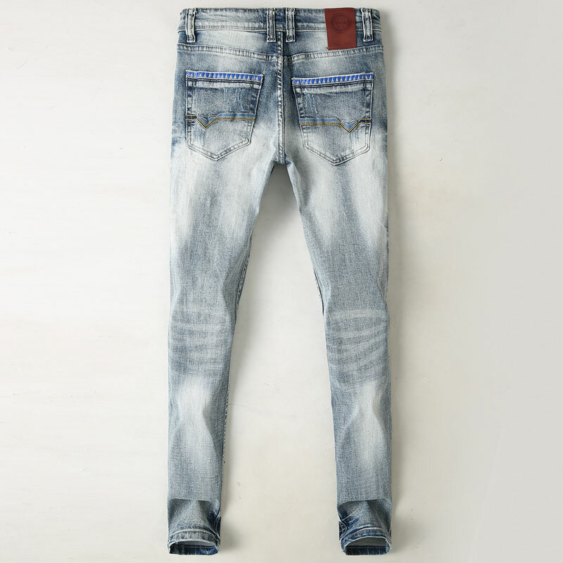 بنطلون جينز للرجال بتصميم إيطالي بتصميم كلاسيكي رمادي وأزرق وغسلها ومطاطة وممزق جينز للرجال بنطلون جينز عتيق للرجال
