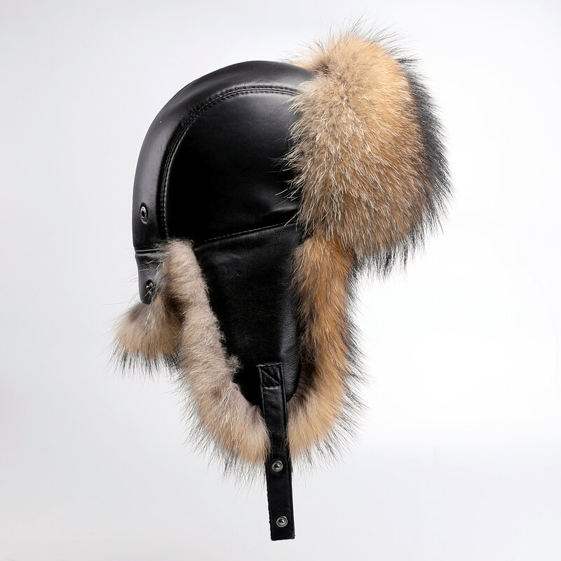 BOONJOVIA Men's Winter Real Raccoon Silver Fox Fur Bomber Hats Sheepskin Ushanka Trapper Caps Cold Weather Outdoor Adjustable