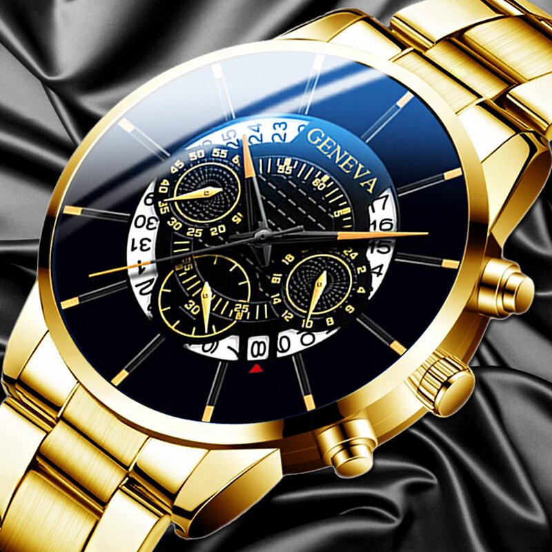 Men's Fashion Watch Three Eyes Six Hands Business Watch Room Gold Steel Band Calendar Quartz Watch
