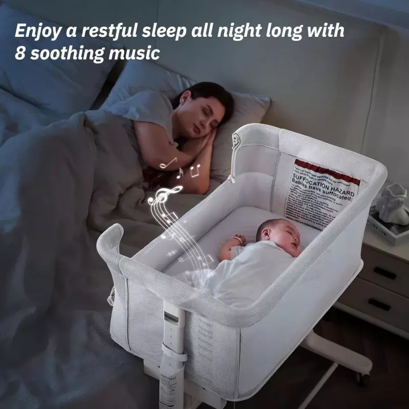 Bassinet goyang untuk bayi, tempat tidur samping tempat tidur otomatis 3 in 1 elektrik di roda, tempat tidur Co cerdas untuk bayi baru lahir/bayi