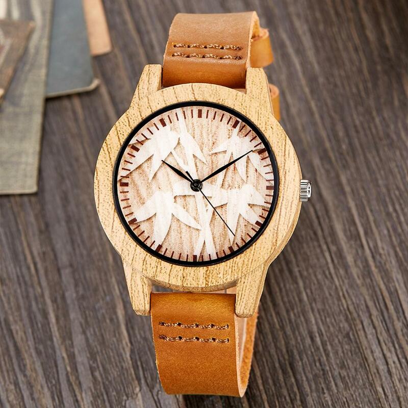 2023 kreative Holz Uhr Männer Frauen Paar Quarz Imitieren Bambus Holz Uhr Minimalistischen Uhren Weichen Braun Leder Armbanduhr Uhr