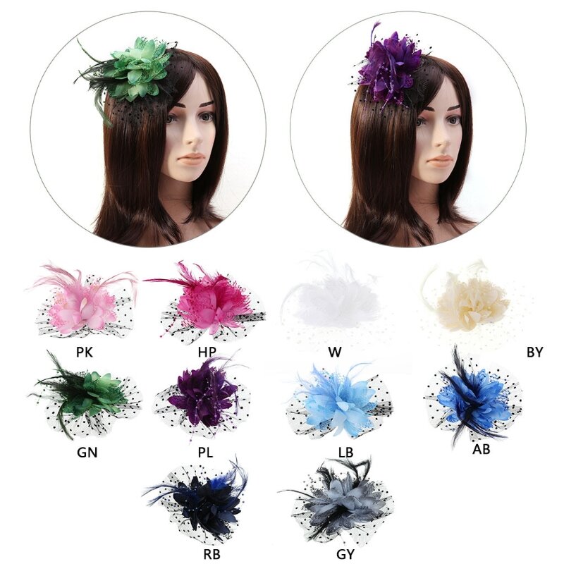 Bridal Fascinator Hats for Women Mesh Veil Flower Cap with Feather Pearl and Hair Clip Cocktail Tea Party Brooch Pin WedHeadwear
