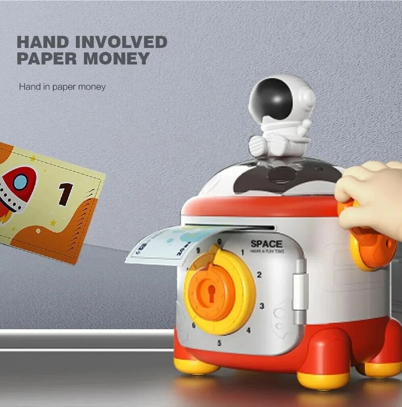 Mão criativa Cranked Astronaut Light Money Box, Grande capacidade, Automatic Roll Piggy Bank, Senha segura Banco de poupança