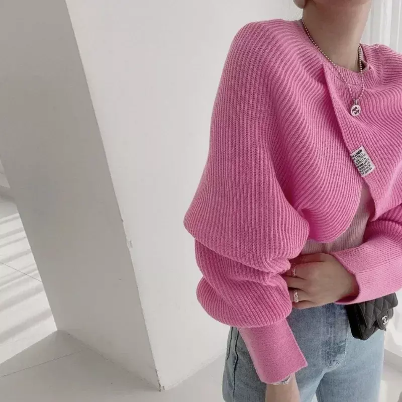 Sweater Crop musim dingin wanita, Sweater kasual leher V lengan panjang gaya Korea Chic musim gugur 29612