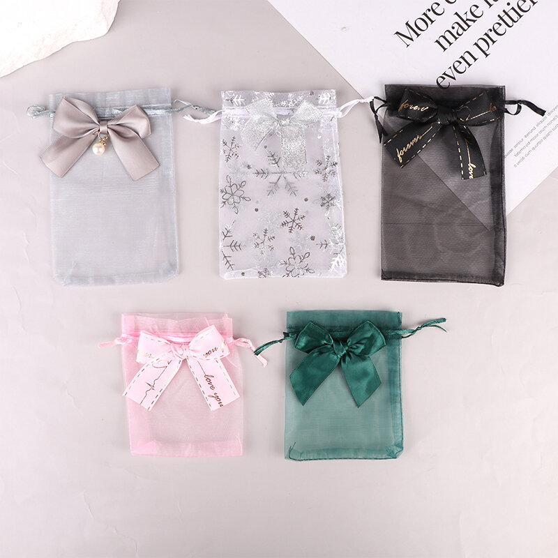Bowknot Mesh Bag com bolsos de cordão, transparente Pearl Yarn Storage Bag, Cosmetic Jewelry Pouch, Gift Packaging Bag, 2pcs