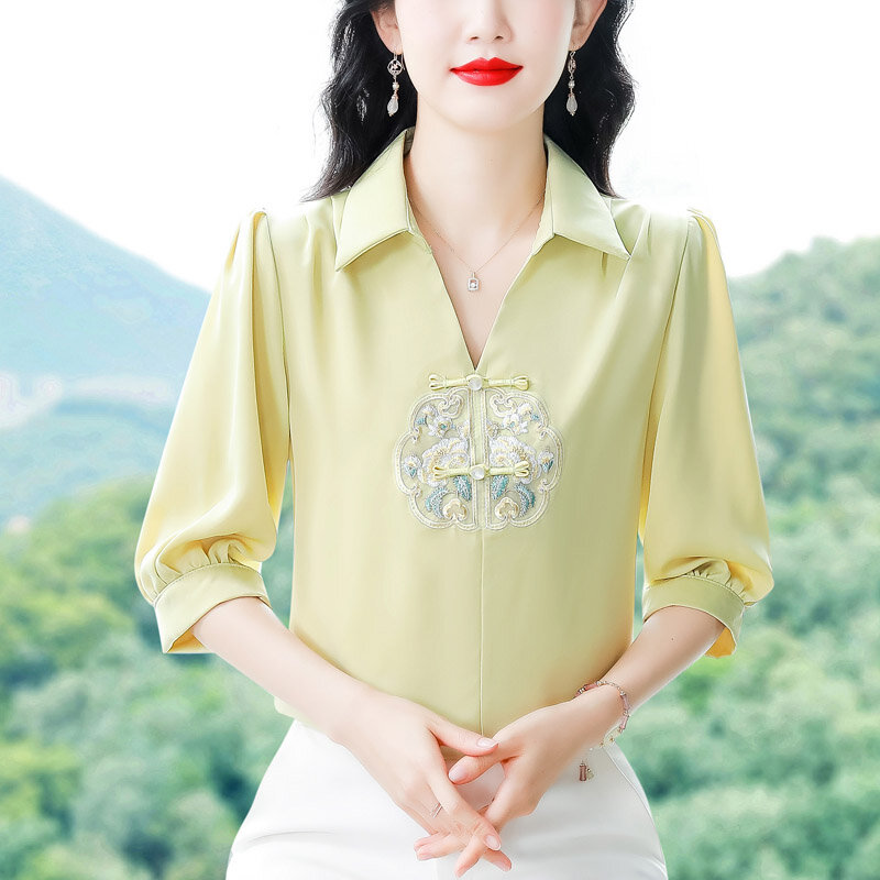 เสื้อผ้าผู้หญิงเสื้อเบลาส์คอปกเสื้อสีพื้นปักลายฤดูร้อนแฟชั่นแขนสั้นหรูหราสไตล์จีน