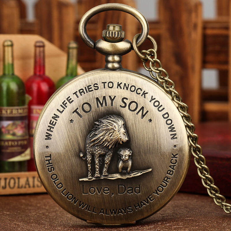 Bronze Lion  To My Son Love Dad Design Customized Quartz Pocket Watch Necklace Chain Pendant Watch Best Gifts for Son Kids Boys