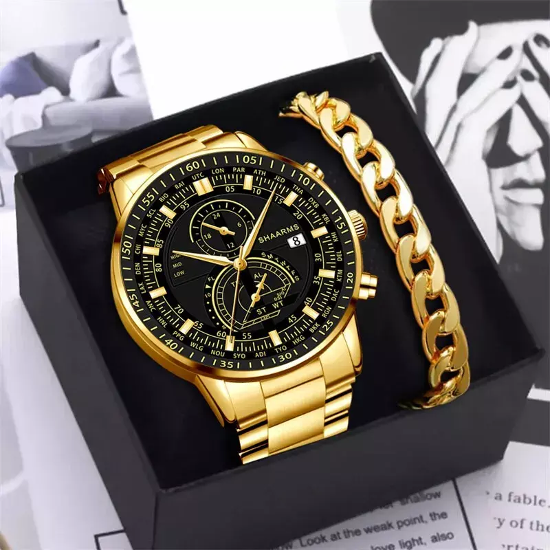 2pcs NEW Fashion Mens Stainless Steel Watches Luxury Quartz Wristwatch Calendar Luminous Clock Men Business Casual Watch