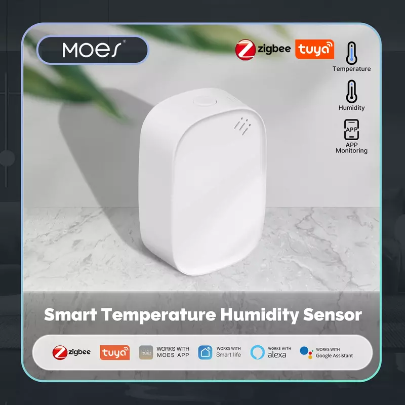 MOES-Tuya Zigbee Sensor de Temperatura e Umidade Inteligente, Higrômetro Interior, Monitoramento de Aplicativos, Funciona com Alexa, Google Home, Alimentado por Bateria