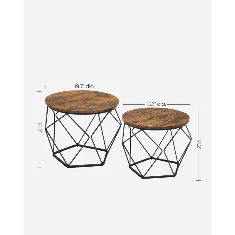 VASAGLE Small Coffee Table Set of 2, Round Coffee Table with Steel Frame, Side End Table for Living Room, Bedroom, Office, Rusti