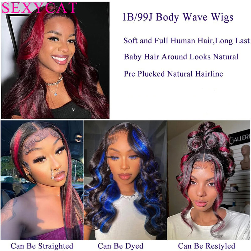 Body Wave Human Hair Pruik 1b/99j Lijmloze Pruiken Menselijk Haar Pre Geplukt Voorgesneden 13X4 Hd Lace Frontale Pruik Highlight Dark Bordeauxrood
