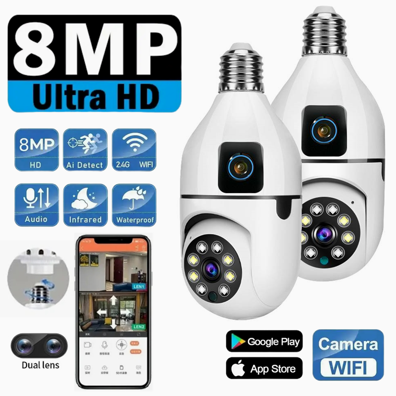 Cámara de vigilancia interior con WIFI, Bombilla E27 de 8MP, Zoom 8X, lente Dual, seguimiento humano, cámaras de Audio bidireccional inalámbricas, visión nocturna a Color