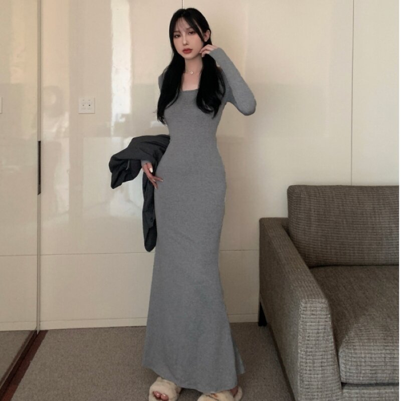 Vintage เซ็กซี่ชุดแขนยาวผู้หญิง Slim Bodycon เกาหลี Elegant ฤดูใบไม้ร่วงฤดูใบไม้ผลิ U-คอยาวผู้หญิงกระโปรงหางปลา Vestidos De Mujer