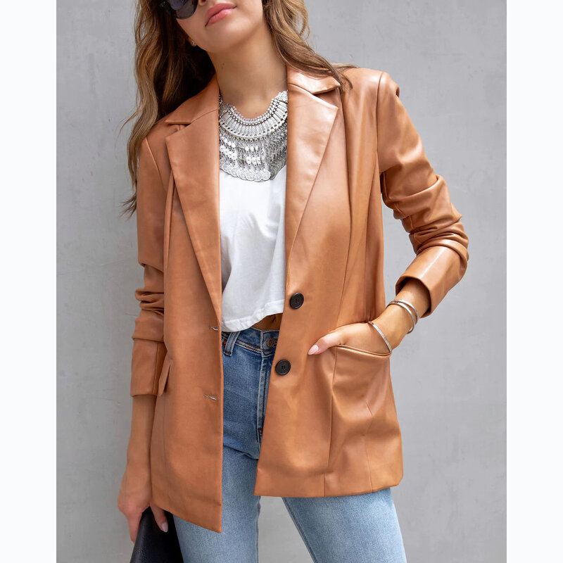 Mantel kulit tiga warna, jaket kulit gaya jalanan warna polos kasual musim gugur/musim dingin 2024