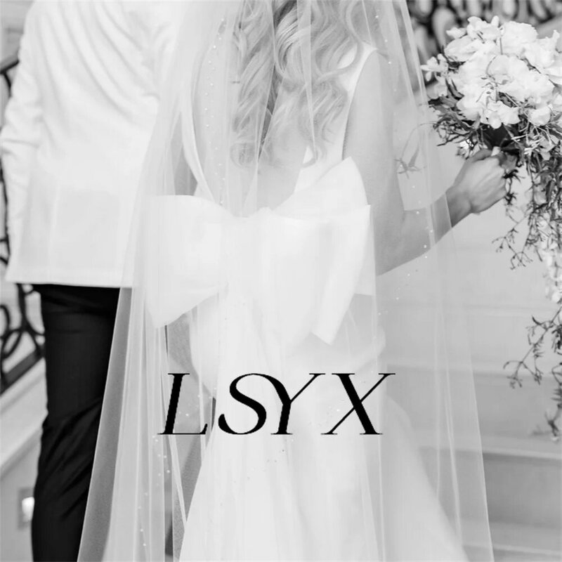 LSYX Deep V-Neck Sleeveless Crepe High Side Slit Mermaid Wedding Dress Open Back Bow Court Train Bridal Gown Custom Made