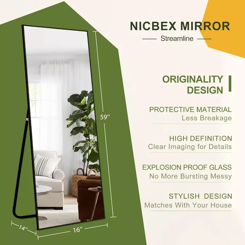 Espejo de longitud completa, marco de aleación de aluminio de 59x16 pulgadas, pared grande, tocador, dormitorio, espejo de tocador, espejos de sala de estar, negro