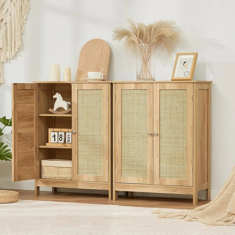 Storage Cabinet with Rattan Doors ,  Adjustable Shelf, Floor Cabinet for Bedroom Living Room, Entryway, Kitchen, Home Office