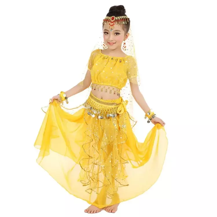 ชุดเต้นระบำหน้าท้องชุดเต้นระบำหน้าท้องชุด kostum tari India สำหรับเด็ก3ชิ้น/เซ็ตเด็กเล็กเด็กผู้หญิงใหม่