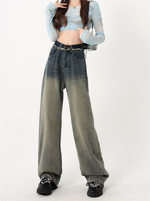 Jeansy damskie w stylu Vintage Cargo jeansowe spodnie z wysokim stanem luźna, workowata kieszenie proste estetyczne spodnie Harajuku