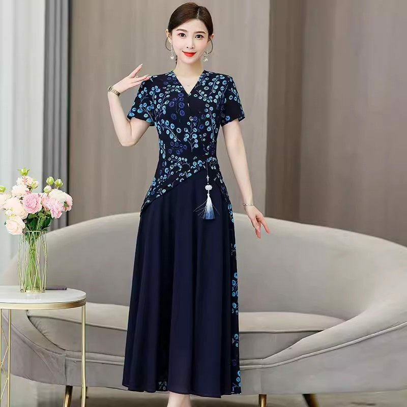 Elegant Women Dress 2024 Summer New Middle Aged Women's Fashion Vintage Print Spliced Waist Slimming Short Sleeve Dress K1026