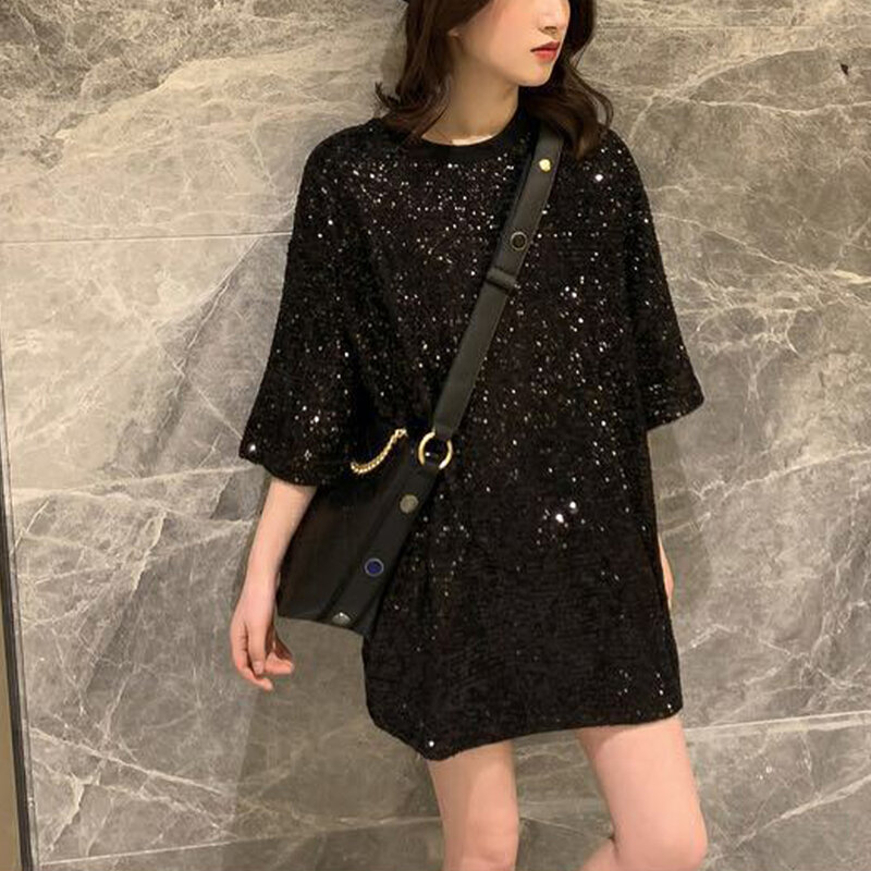 New Top Women\'s Shinny Sequin Half Sleeve Long Style T-shirt Loose Casual Solid Color Dress Tees T Shirts Woman Female Clothing