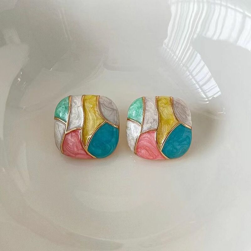 Girl Gift Contrast Color Dripping Oil Niche Design Girl Stud Earrings Women Square Earrings Ear Studs Korean Style Earrings
