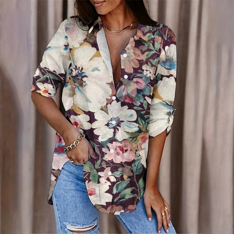 Freizeit hemd Langarm elegante Damen oberteile Einreiher Knopf kleidung frisches Blumen druck Damen Resort Strand hemd