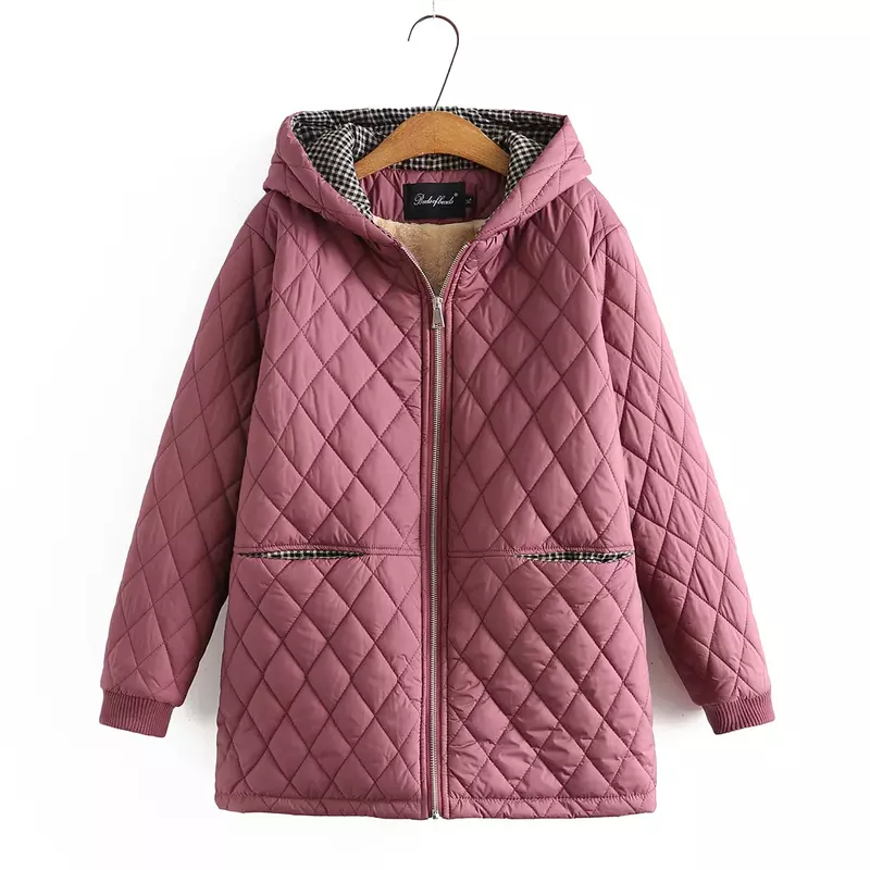 Plus Size Parkas Women Clothing Winter Middle Aged Wadded Jacket Hooded Argyle Thick Fleece Liner Warm Padded Coat RFEW