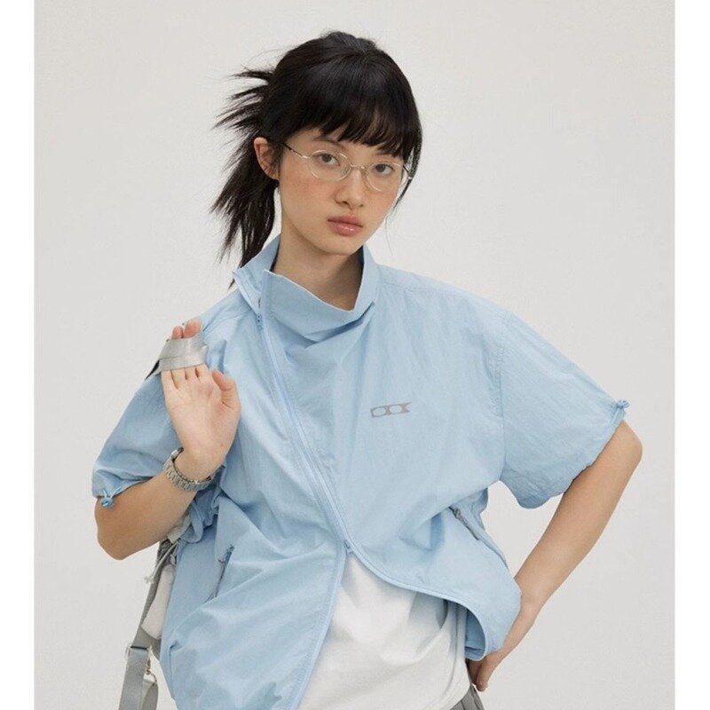 HOUZHOU Vintage Harajuku kurtka z krótkim rękawem kobiety lato japoński styl 2000s Y2k Oversize kurtki outdoorowe krem do opalania estetyczny