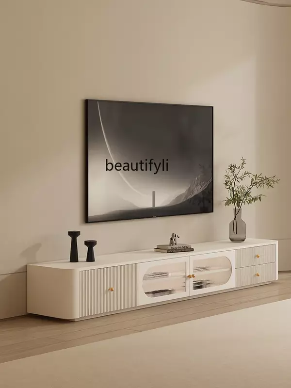French Solid Wood Cream Style Paint TV Cabinet and Tea Table Combination Modern Simple Small Apartment Cabinet furniture