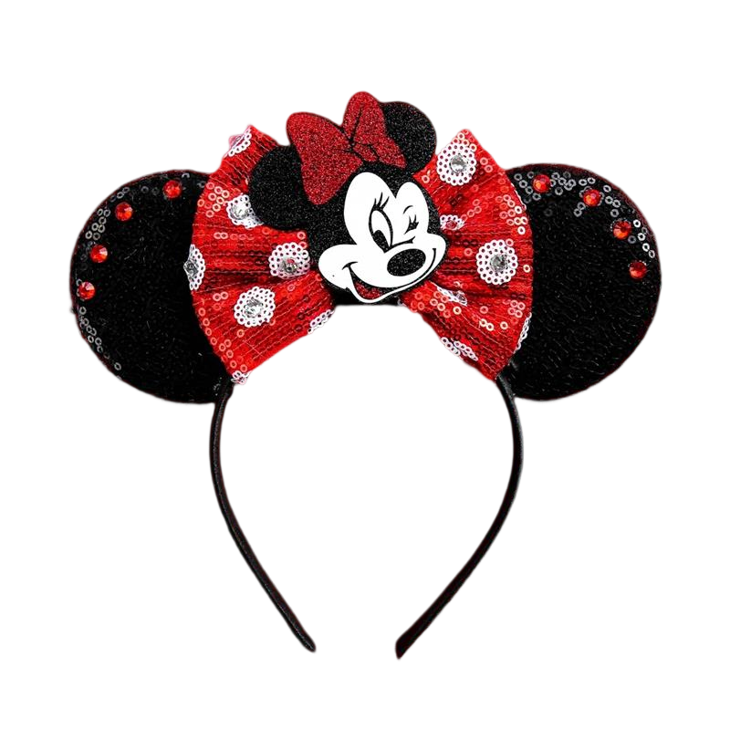 Bando telinga Minnie Mouse, aksesori rambut Natal Disney untuk anak perempuan, ikat kepala telinga, pita payet Kawaii anak-anak dewasa