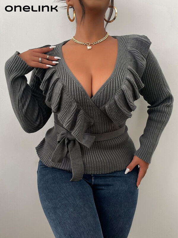 ONELINK Plus Size Women's Sweater Grey Belt Pullover V Neck Lotus Leaf Collar Wrap-over Top Oversize Knitting 2022 Autumn Winter