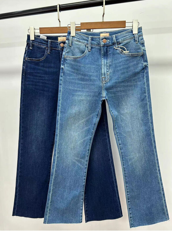 Celana denim wanita, jeans potongan pendek elastis pinggang tinggi berkobar mikro untuk perempuan