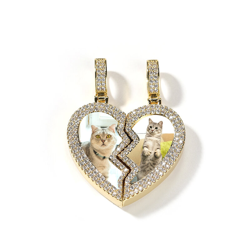 THE BLING KING Broken Heart Photo Magnetic Frame Pendant 2 Pictures Iced Out Cubic Zirconia Hiphop Jewelry Valentine's Day Gift