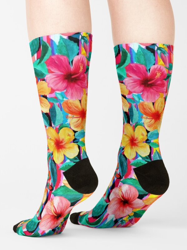 Maximalist kaus kaki bunga Hibiscus Hawaii Floral dengan kaus kaki bergaris kaus kaki wanita senang anime pria