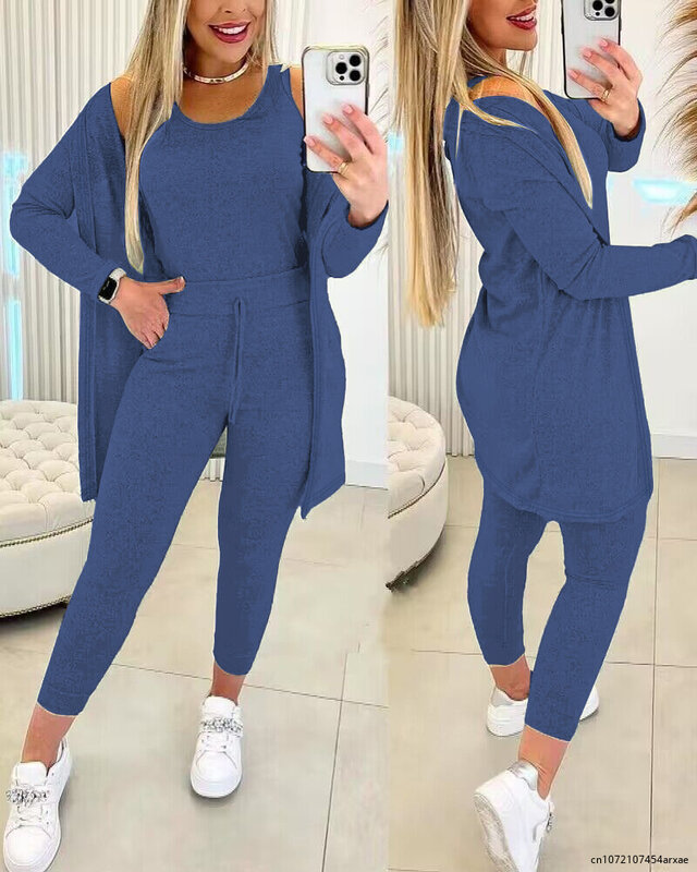 2023 Casual Autumn Women Homewear Pajamas Three-piece Sets Solid Color Tank Top & Long Sleeved Coat & Ankle-Length Pants Set