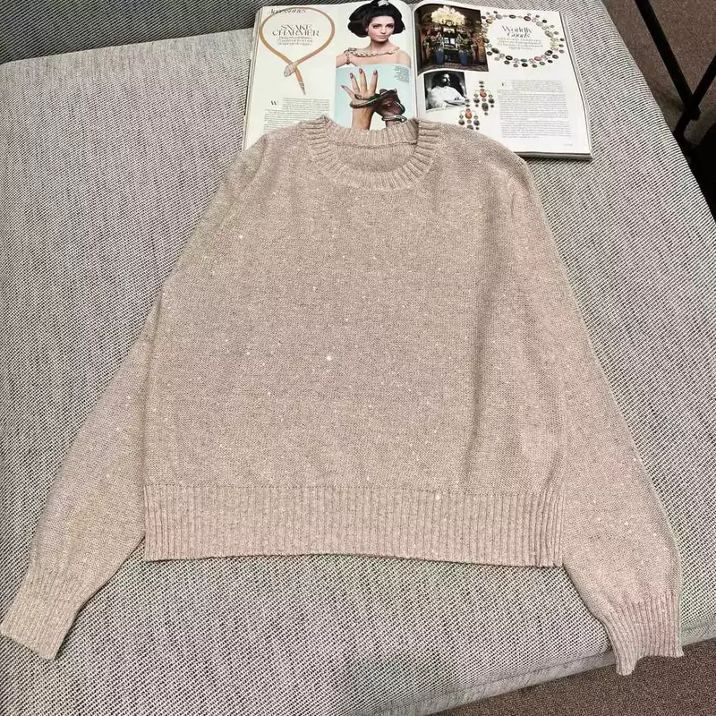Suéter de linho com lantejoulas feminino, jumper casual de manga comprida, suéter de malha monocromático, novo, 2022, 2024
